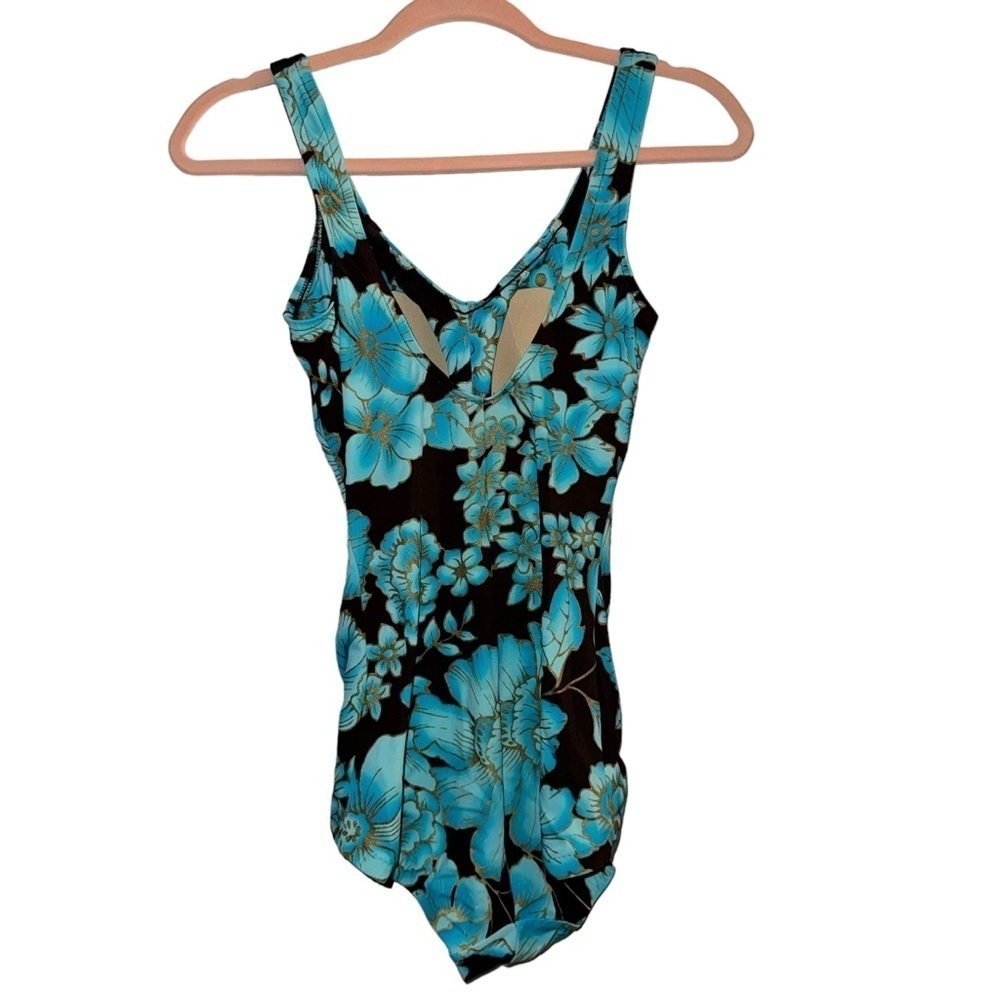 Maxine of Hollywood Blue Floral One Piece Swimsuit Retro Pinup Tummy Control 10 - Picture 5 of 7